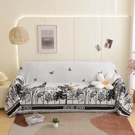 91家纺网 家纺一手货源 找家纺 启博家纺 2023新款雪尼尔流苏款沙发垫沙发套沙发巾 素景-墨黑