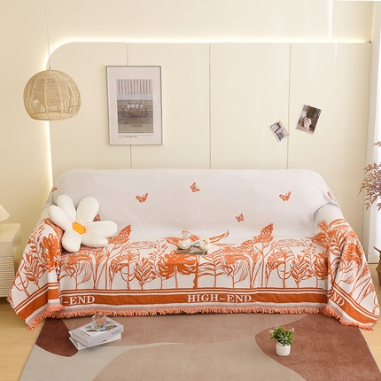 91家纺网 家纺一手货源 找家纺 启博家纺 2023新款雪尼尔流苏款沙发垫沙发套沙发巾 素景-橙
