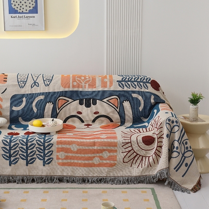 91家纺网 家纺一手货源 找家纺 启博家纺 2023新款针织万能沙发垫沙发套沙发巾 招财猫