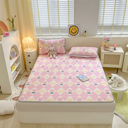 91家纺网 家纺一手货源 找家纺 美乐迪家纺 2023新款夏被乳胶凉席套件 粉格郁金香