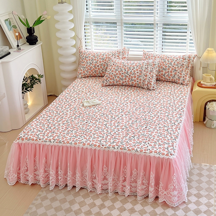 91家纺网 家纺一手货源 找家纺 罗艺轩 2024新款法式风蕾丝夹棉床裙三件套 花想容-南国香