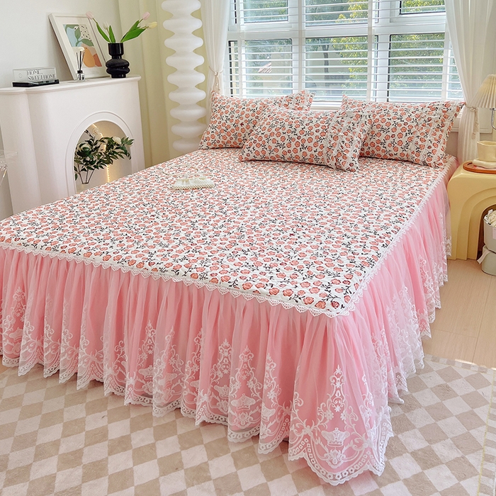 91家纺网 家纺一手货源 找家纺 罗艺轩 2024新款法式风蕾丝夹棉床裙三件套 花想容-南国香