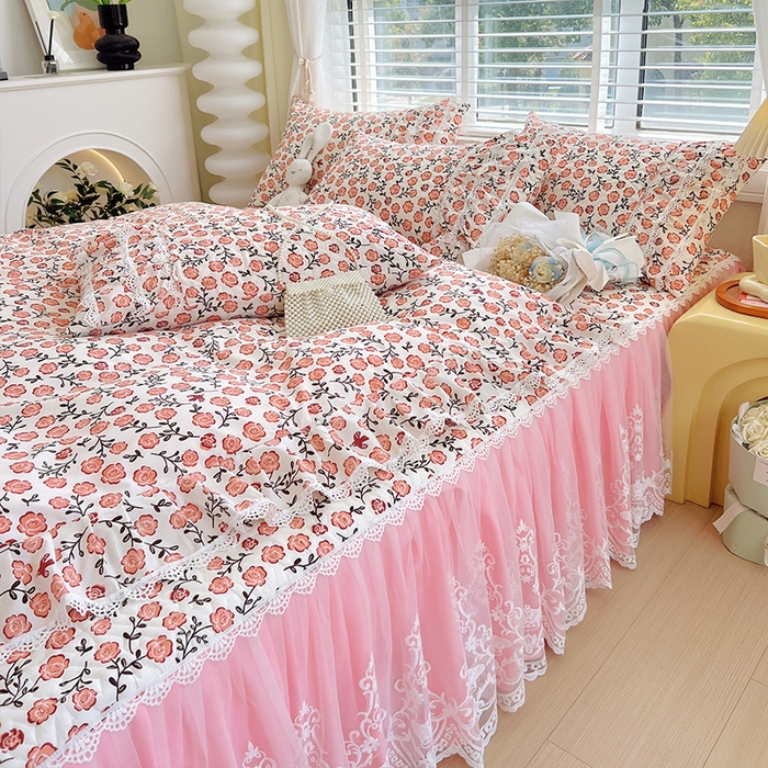 91家纺网 家纺一手货源 找家纺 罗艺轩 2024新款法式风蕾丝夹棉床裙三件套 花想容-南国香