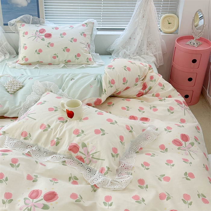 91家纺网 家纺一手货源 找家纺 昔可家纺 2023新款全棉四件套公主蕾丝花边ok 粉粉郁金花束