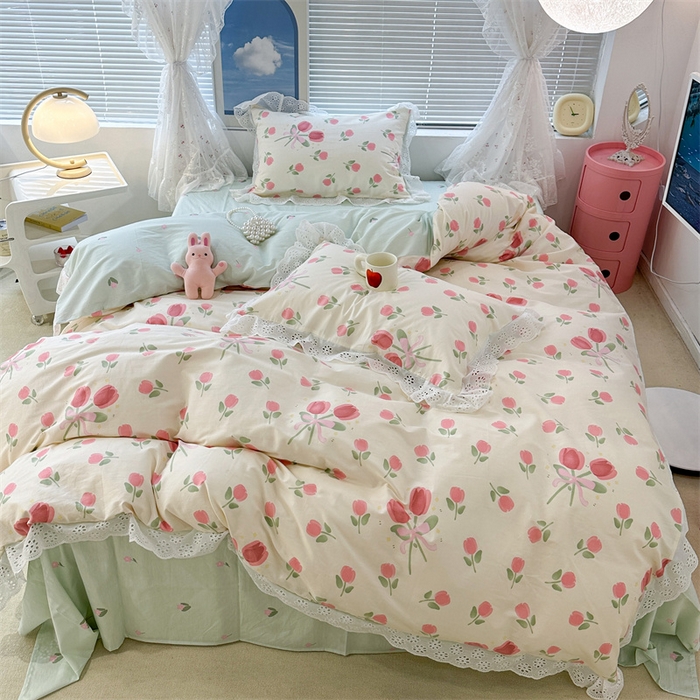 91家纺网 家纺一手货源 找家纺 昔可家纺 2023新款全棉四件套公主蕾丝花边ok 粉粉郁金花束