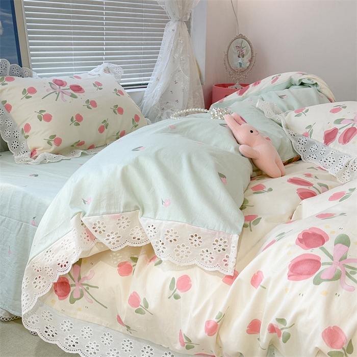 91家纺网 家纺一手货源 找家纺 昔可家纺 2023新款全棉四件套公主蕾丝花边ok 粉粉郁金花束