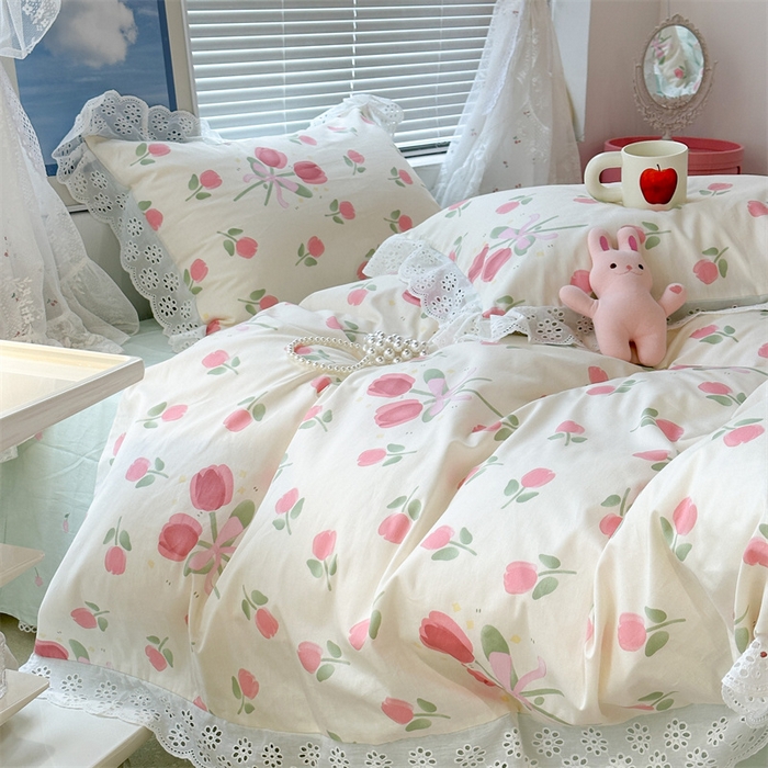 91家纺网 家纺一手货源 找家纺 昔可家纺 2023新款全棉四件套公主蕾丝花边ok 粉粉郁金花束