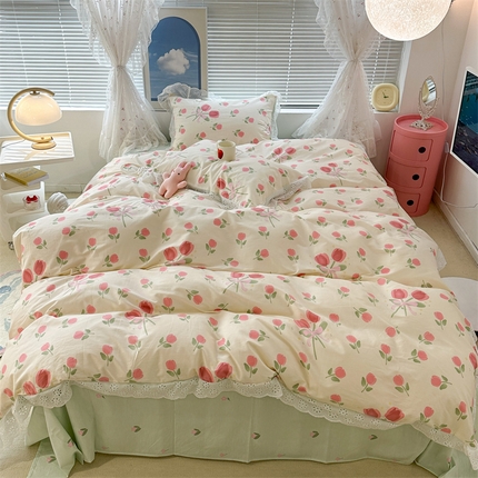 昔可家纺 2023新款全棉四件套公主蕾丝花边ok 粉粉郁金花束