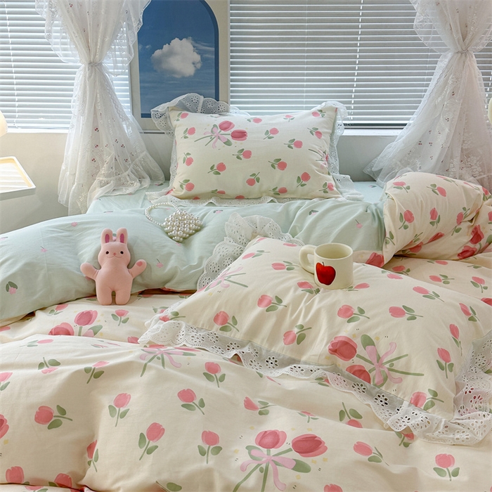 91家纺网 家纺一手货源 找家纺 昔可家纺 2023新款全棉四件套公主蕾丝花边ok 粉粉郁金花束