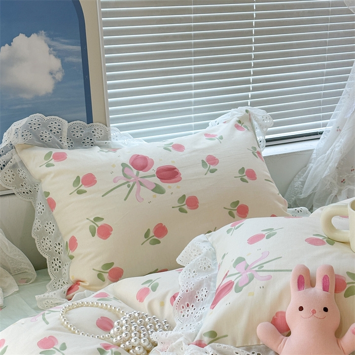 91家纺网 家纺一手货源 找家纺 昔可家纺 2023新款全棉四件套公主蕾丝花边ok 粉粉郁金花束