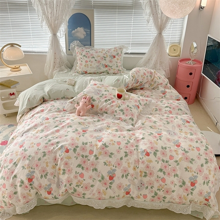 昔可家纺 2023新款全棉四件套公主蕾丝花边ok 草莓小兔