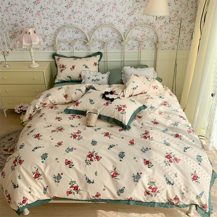 昔可家纺 2023新款全棉四件套公主蕾丝花边ok 古着复古花