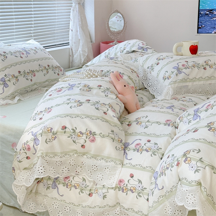 91家纺网 家纺一手货源 找家纺 昔可家纺 2023新款全棉四件套公主蕾丝花边ok 蝴蝶结玫瑰园