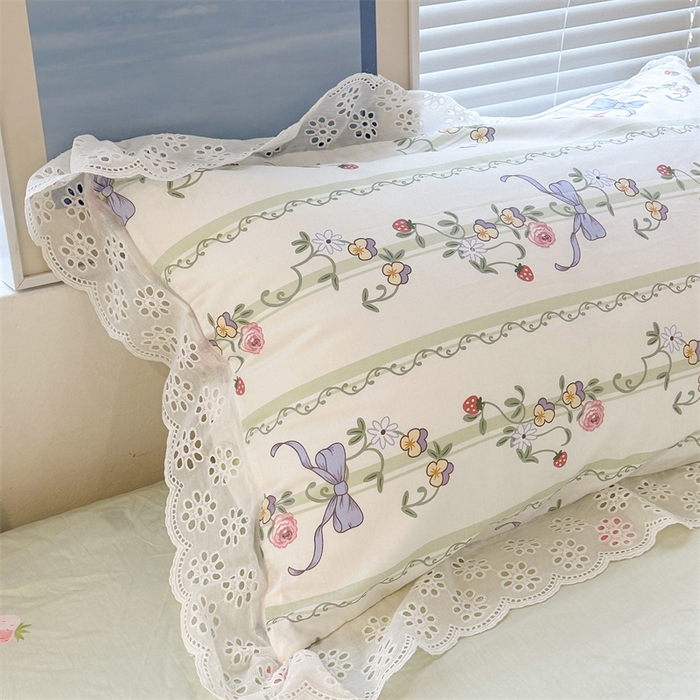 91家纺网 家纺一手货源 找家纺 昔可家纺 2023新款全棉四件套公主蕾丝花边ok 蝴蝶结玫瑰园