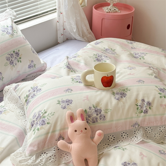 91家纺网 家纺一手货源 找家纺 昔可家纺 2023新款全棉四件套公主蕾丝花边ok 落樱紫花