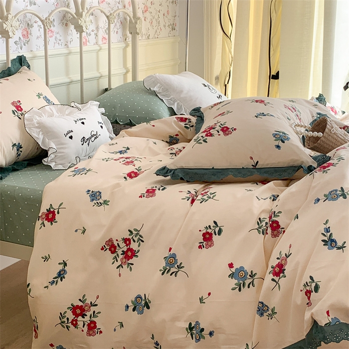 91家纺网 家纺一手货源 找家纺 昔可家纺 2023新款全棉四件套公主蕾丝花边ok 古着复古花