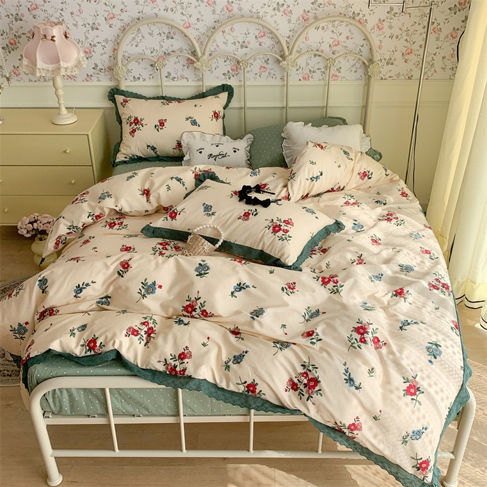 91家纺网 家纺一手货源 找家纺 昔可家纺 2023新款全棉四件套公主蕾丝花边ok 古着复古花