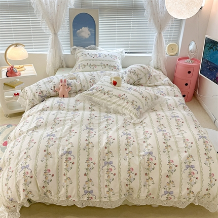 91家纺网 家纺一手货源 找家纺 昔可家纺 2023新款全棉四件套公主蕾丝花边ok 蝴蝶结玫瑰园