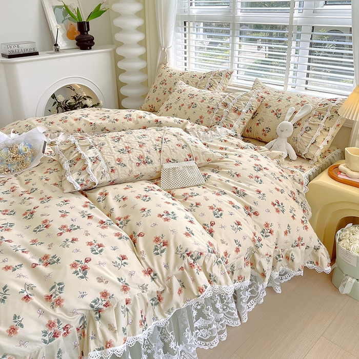 91家纺网 家纺一手货源 找家纺 （总）罗艺轩 2024新款法式风蕾丝夹棉床裙款四件套-花想容