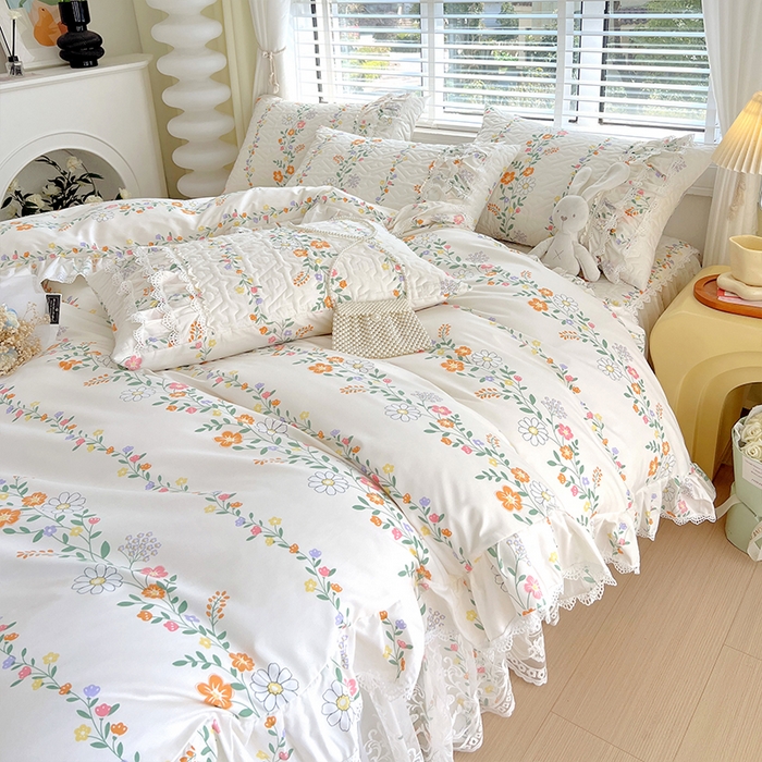 91家纺网 家纺一手货源 找家纺 罗艺轩 2024新款法式风蕾丝夹棉床裙款四件套 花想容-花派印象