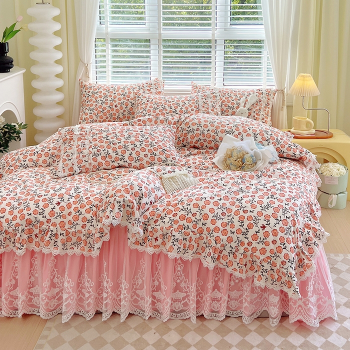 91家纺网 家纺一手货源 找家纺 罗艺轩 2024新款法式风蕾丝夹棉床裙款四件套 花想容-南国香