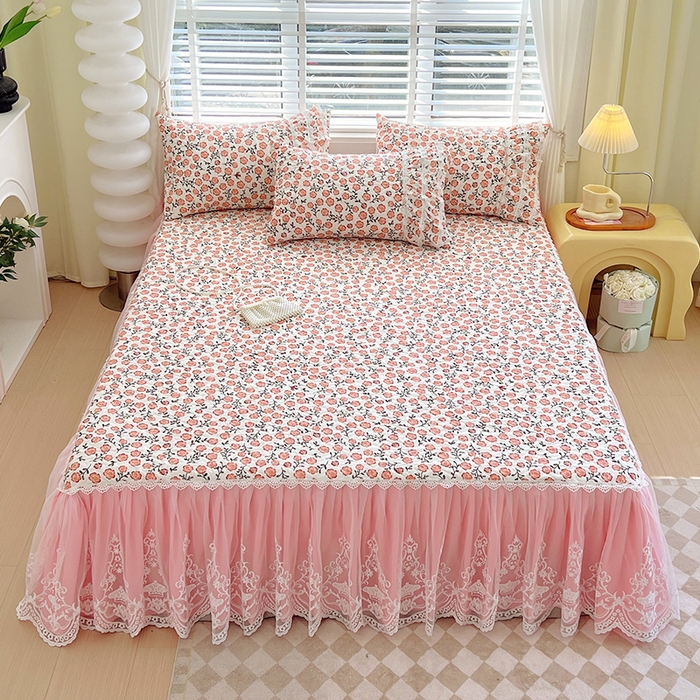 91家纺网 家纺一手货源 找家纺 罗艺轩 2024新款法式风蕾丝夹棉床裙款四件套 花想容-南国香