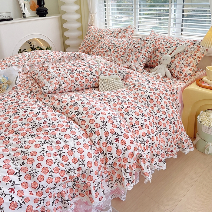 91家纺网 家纺一手货源 找家纺 罗艺轩 2024新款法式风蕾丝夹棉床裙款四件套 花想容-南国香