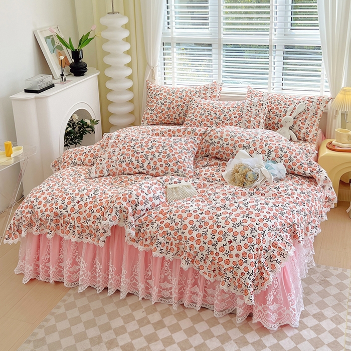 91家纺网 家纺一手货源 找家纺 罗艺轩 2024新款法式风蕾丝夹棉床裙款四件套 花想容-南国香