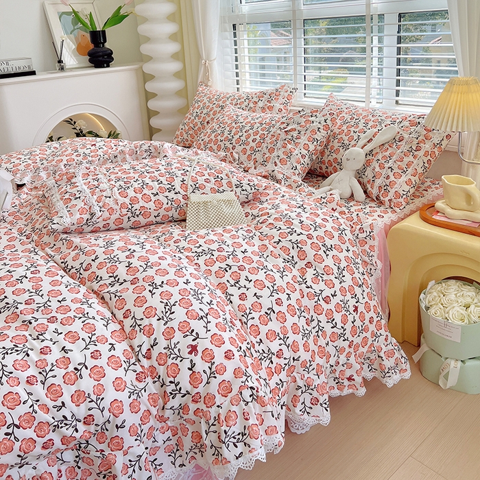 91家纺网 家纺一手货源 找家纺 罗艺轩 2024新款法式风蕾丝夹棉床裙款四件套 花想容-南国香