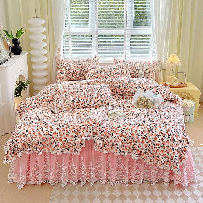 91家纺网 家纺一手货源 找家纺 罗艺轩 2024新款法式风蕾丝夹棉床裙款四件套 花想容-南国香