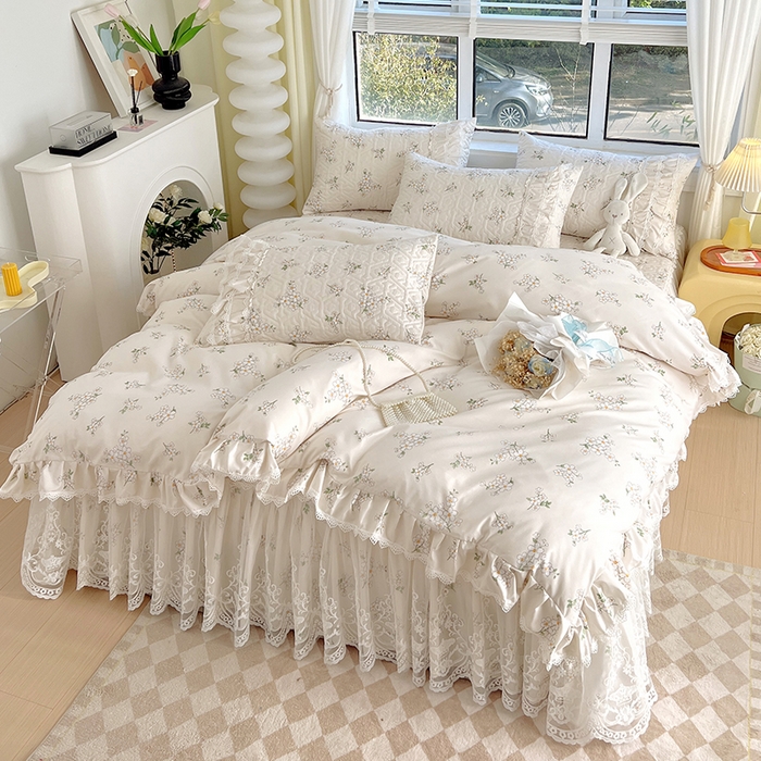 91家纺网 家纺一手货源 找家纺 罗艺轩 2024新款法式风蕾丝夹棉床裙款四件套 花想容-清新花蕊