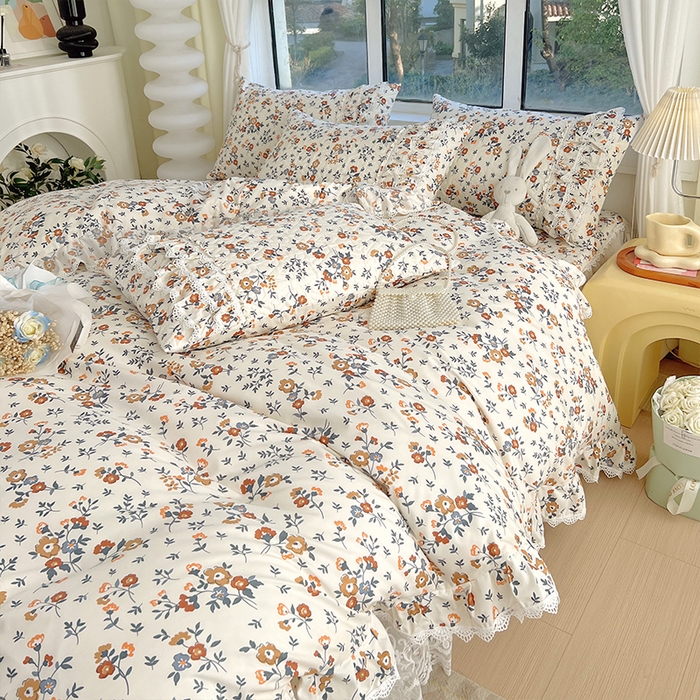 91家纺网 家纺一手货源 找家纺 罗艺轩 2024新款法式风蕾丝夹棉床裙款四件套 花想容-森之语