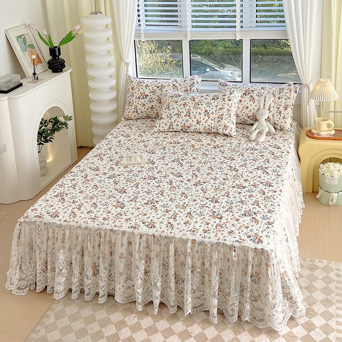 91家纺网 家纺一手货源 找家纺 罗艺轩 2024新款法式风蕾丝夹棉床裙款四件套 花想容-森之语