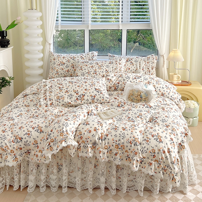 91家纺网 家纺一手货源 找家纺 罗艺轩 2024新款法式风蕾丝夹棉床裙款四件套 花想容-森之语