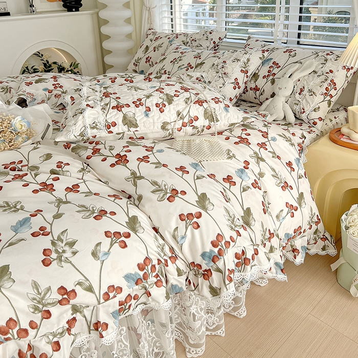 91家纺网 家纺一手货源 找家纺 罗艺轩 2024新款法式风蕾丝夹棉床裙款四件套 花想容-茵茵花语