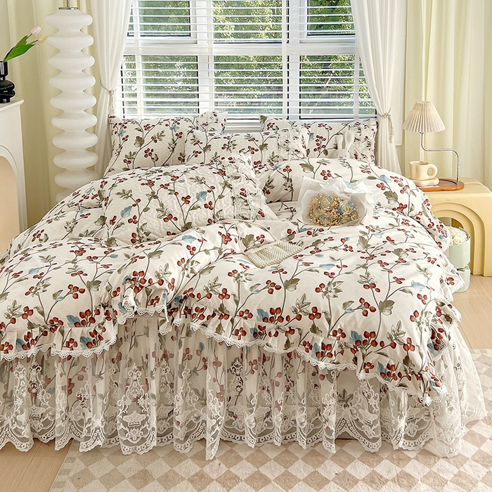 91家纺网 家纺一手货源 找家纺 罗艺轩 2024新款法式风蕾丝夹棉床裙款四件套 花想容-茵茵花语