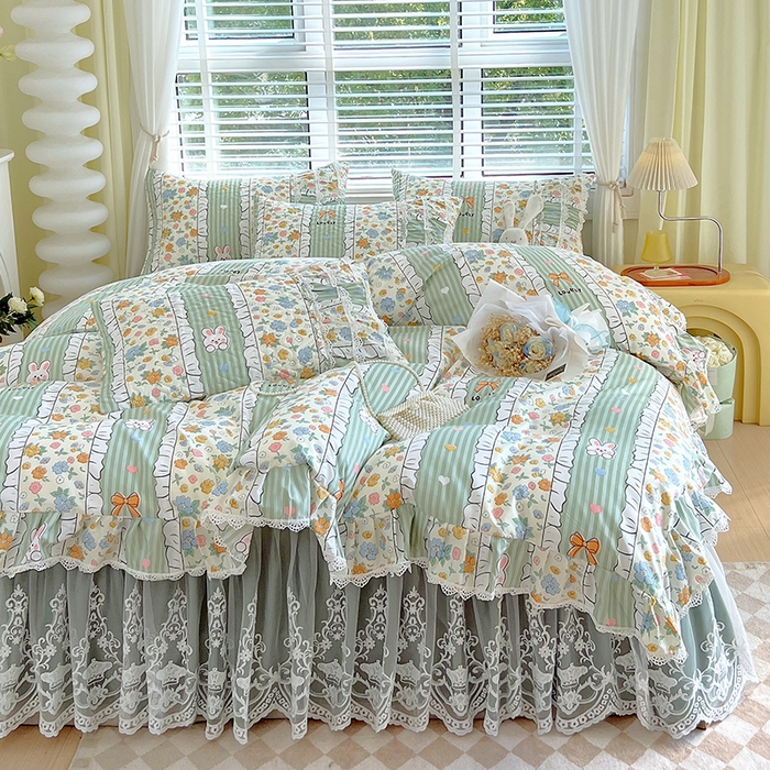 91家纺网 家纺一手货源 找家纺 罗艺轩 2024新款法式风蕾丝夹棉床裙款四件套 花想容-元气甜心