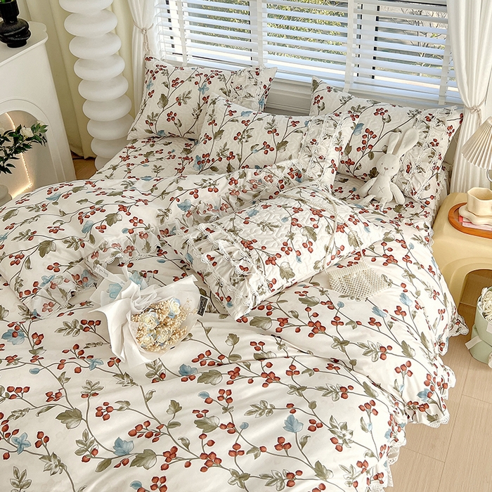 91家纺网 家纺一手货源 找家纺 罗艺轩 2024新款法式风蕾丝夹棉床裙款四件套 花想容-茵茵花语