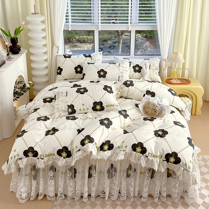 91家纺网 家纺一手货源 找家纺 罗艺轩 2024新款法式风蕾丝夹棉床裙款四件套 花想容-花漾青春