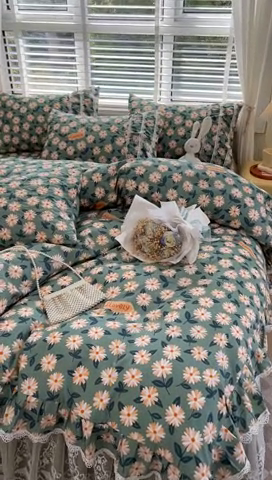 91家纺网 家纺一手货源 找家纺 罗艺轩 2024新款法式风蕾丝夹棉床裙款四件套 花想容-花影映艳