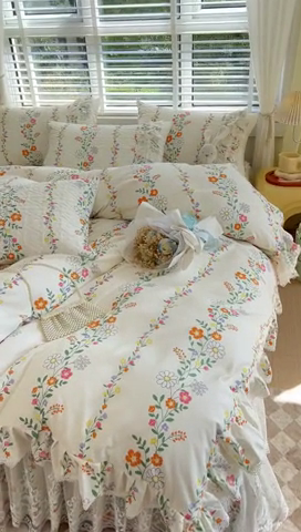 91家纺网 家纺一手货源 找家纺 罗艺轩 2024新款法式风蕾丝夹棉床裙款四件套 花想容-花派印象