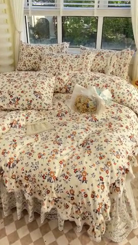 91家纺网 家纺一手货源 找家纺 罗艺轩 2024新款法式风蕾丝夹棉床裙款四件套 花想容-森之语