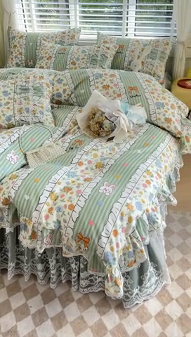 91家纺网 家纺一手货源 找家纺 罗艺轩 2024新款法式风蕾丝夹棉床裙款四件套 花想容-元气甜心