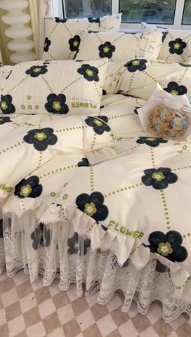 91家纺网 家纺一手货源 找家纺 罗艺轩 2024新款法式风蕾丝夹棉床裙款四件套 花想容-花漾青春