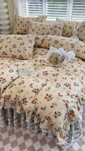 91家纺网 家纺一手货源 找家纺 罗艺轩 2024新款法式风蕾丝夹棉床裙款四件套 花想容-春风南岸