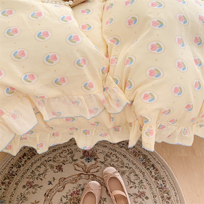 91家纺网 家纺一手货源 找家纺 昔可家纺 2023新款花边双层纱系列ok 圈圈郁金香黄