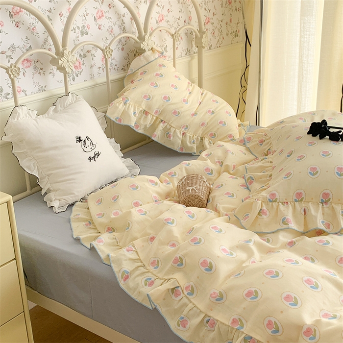 91家纺网 家纺一手货源 找家纺 昔可家纺 2023新款花边双层纱系列ok 圈圈郁金香黄