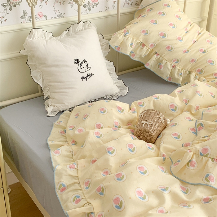 91家纺网 家纺一手货源 找家纺 昔可家纺 2023新款花边双层纱系列ok 圈圈郁金香黄