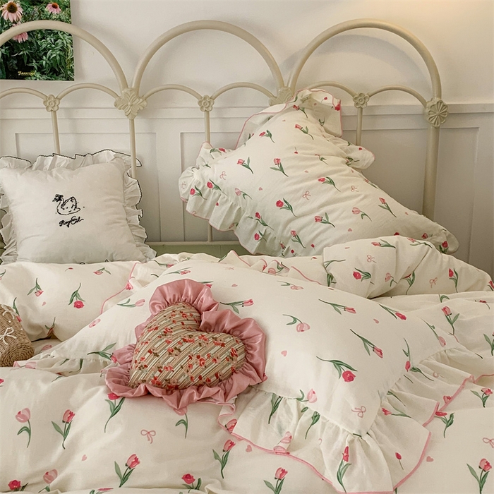 91家纺网 家纺一手货源 找家纺 昔可家纺 2023新款花边双层纱系列ok 少女蝴蝶结郁金香