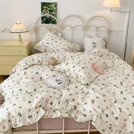 昔可家纺 2023新款花边双层纱系列ok 草莓小兔白底